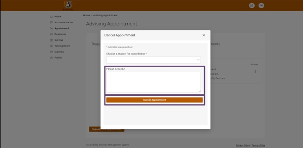 Step 5, describe reason for cancellation and Cancel Appointment button in popup