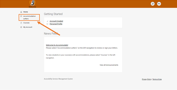 Screenshot of Accommodate Homepage with an arrow pointing to a box surrounding the tab entitled "Accommodation Letters'