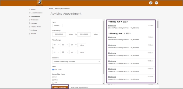 Step 9, selecting Check Availability and list of availability