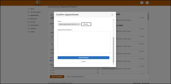 Step 11, Appointment reason popup with Submit Request