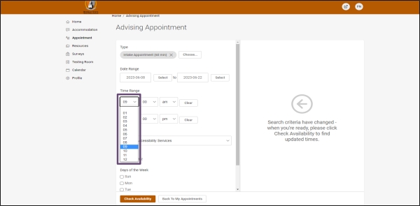 Step 6, Time range hour dropdown