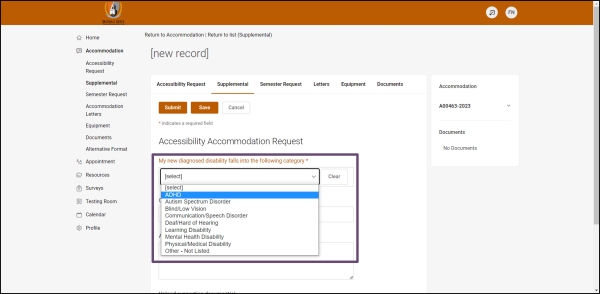 Step 4, dropdown to select disability assosiated with supplemental request 