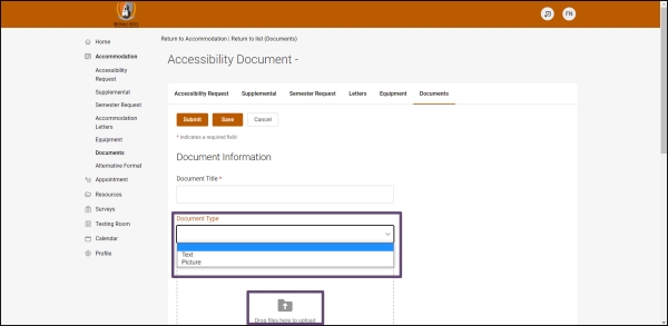 Step 4, Document type dropdown and Drag and drop section