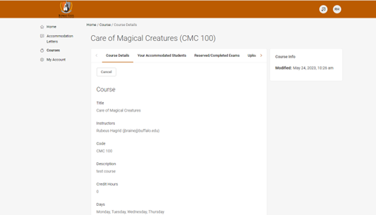 Screenshot of Accommodate's course details page for faculty.