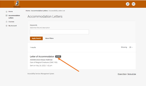 Screenshot of Accommodate's 'Accommodation Letters' tab showing a list of letters of accommodations.