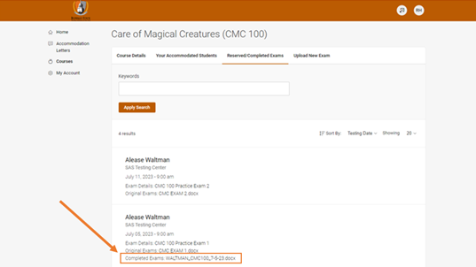 Screenshot of Accommodate's faculty 'Reserved/Completed Exams' tab showing an arrow pointing to a box surrounding the words 'Completed Exams: Waltman_CMC100_7-5-23.docx'