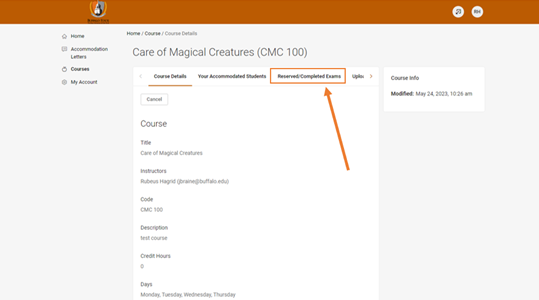 Screenshot of Accommodate's 'Courses' tab showing an arrow pointing to a box surrounding the words 'Reserved/Completed Exams'