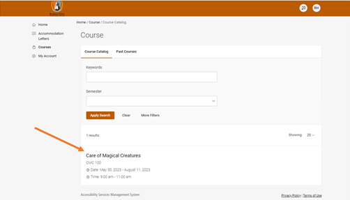 Screenshot of Accommodate's 'Courses' tab displaying a course catalog