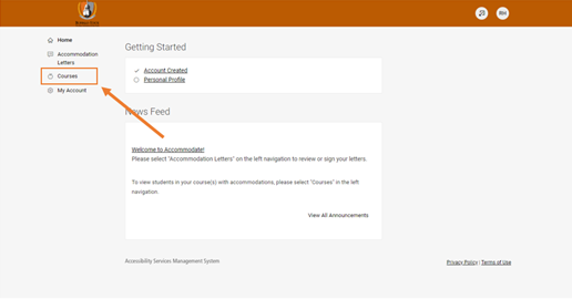 Screenshot of Accommodate Homepage with an arrow point to a box surrounding the word 'Courses'