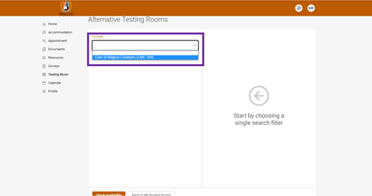 Screenshot of Accommodate's New Booking Request form displaying a dropdown menu of courses to choose from.