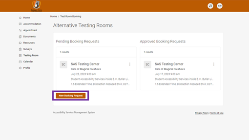 Screenshot of Accommodate Testing Room tab with a box surrounding the button reading 'New Booking Request'