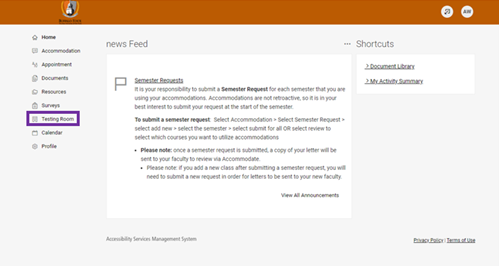 Screenshot of Accommodate student homepage with a box surrounding the words 'Testing Room'