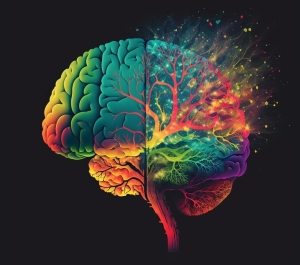 A digitally illustrated brain split into two distinct artistic styles